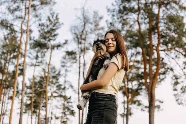 Genç Esmer Kadın Minyatür Bir Schnauzer Köpeğine Sarılıyor Gülümsüyor — Stok fotoğraf