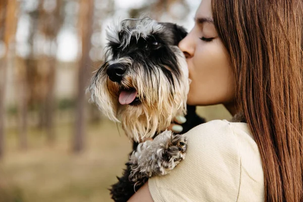 Retrato Close Uma Jovem Morena Abraçando Cão Raça Schnauzer Miniatura — Fotografia de Stock