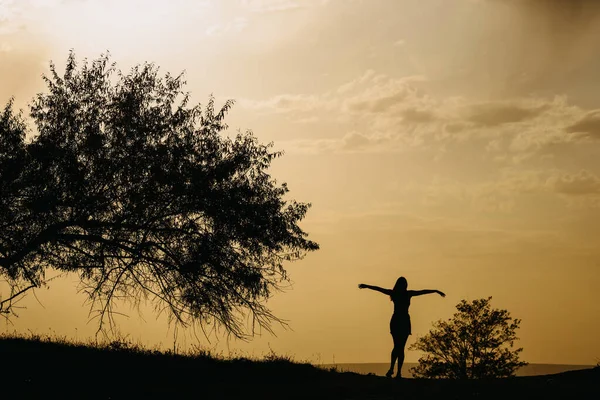 Silueta Una Mujer Feliz Bailando Atardecer Junto Gran Árbol Sosteniendo —  Fotos de Stock