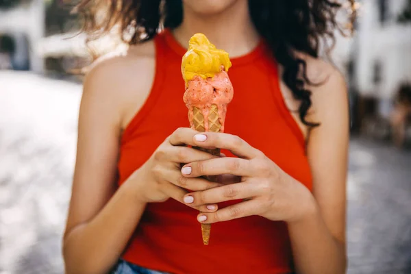 Closeup Woman Holding Double Layered Melting Ice Cream Hot Summer — Stock Photo, Image