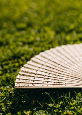 Vintage wooden traditional Japanese fan on green grass on a summer day.