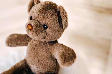 Closeup of an old vintage brown teddy bear toy with orange nose.