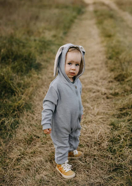Little Child Grey Bunny Costume Standing Grass Open Field Looking — Stock fotografie