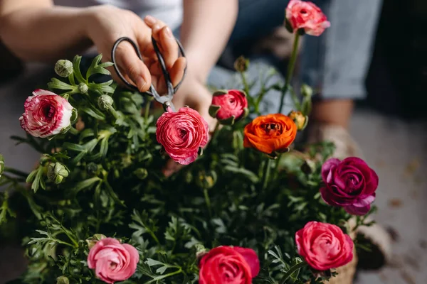 Florist Arbetar Blomsteraffär Kvinna Som Tar Hand Rosa Ranunculus Blommor — Stockfoto