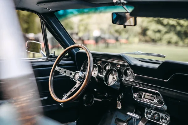 stock image Steering wheel in a vintage mustang car.