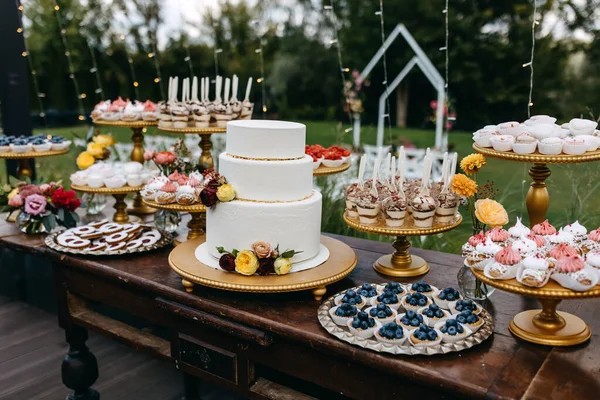Candy bar at a wedding. Sweet table with wedding cake and different handmade desserts, outdoors.