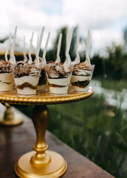 Closeup Tiramisu Desserts Plastic Cups Party — Stock Photo, Image