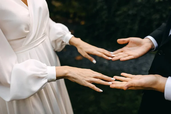 Closeup Couple Bride Groom Holding Hands Touching Fingers — Stock Photo, Image