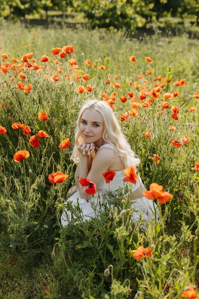 年轻的女人坐在田野里 拿着野红的罂粟 微笑着 看着相机 — 图库照片