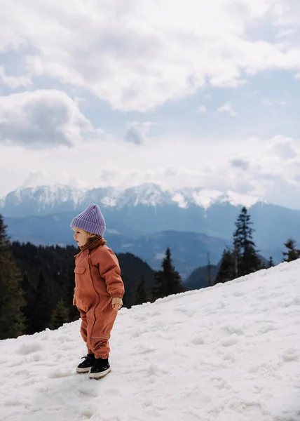 Bambino Piedi Montagne Innevate Sfondo Giorno Inverno — Foto Stock