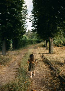 Parkta tek başına yürüyen küçük bir kız, elbise giymiş, arkası dönük..