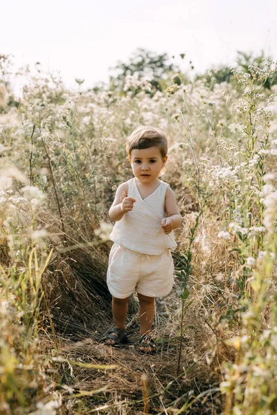 小女孩站在长满青草的田里 — 图库照片