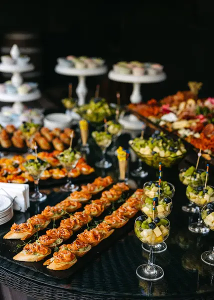 Array Gourmet Appetizers Displayed Buffet Including Salmon Topped Crostini Fruit — Stock Photo, Image