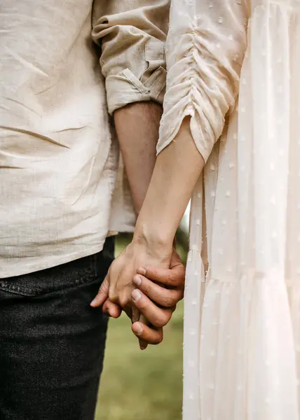 Tender Image Couple Stands Close Hands Interlocked Symbol Bond — Stock Photo, Image