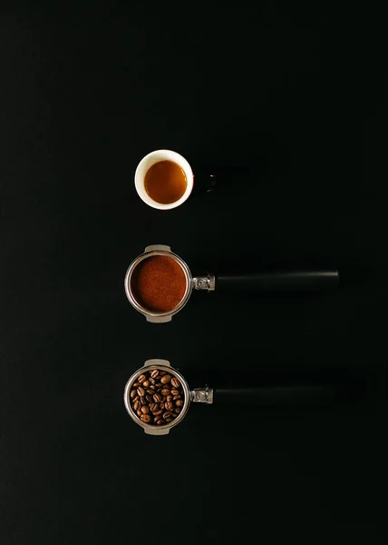Top Composition Features Coffee Various Stages Beans Ground Espresso Shot — Stock Photo, Image