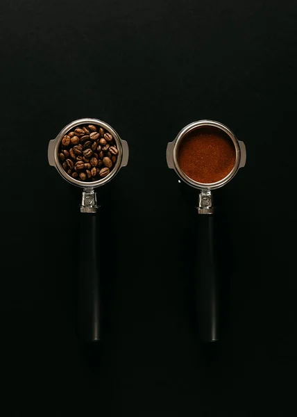 Two Espresso Portafilters Black Surface One Filled Coffee Beans Other Stock Picture
