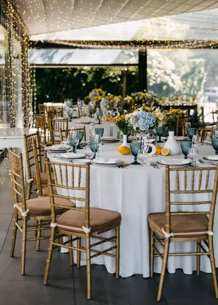 Elegant Table Setup Blue Glassware Yellow Accents Italian Sicilian Vibe Stock Image