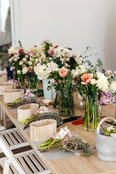 Floral Arrangement Workspace Fresh Cut Flowers Royalty Free Stock Photos