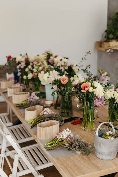 Floral Arrangement Workspace Fresh Cut Flowers Royalty Free Stock Images