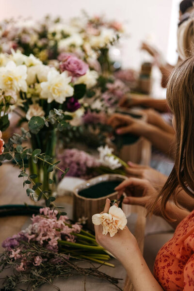 Floral Arrangement Workshop Participants Creating Bouquets Focus Hands Flowers Stock Image
