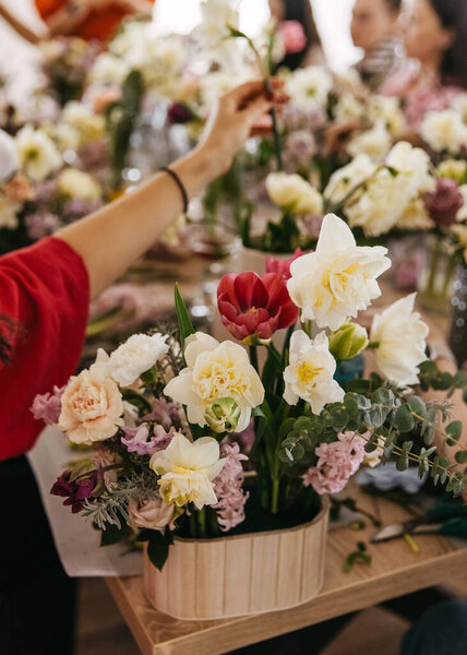 Vibrant Flower Arrangement Session Progress Focus Bright Red Tulip Pastel Stock Photo