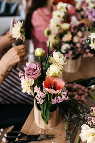 Artful Floral Composition Making Floral Workshop Scene Stock Picture