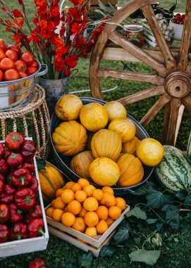 Ahşap bir arabanın yanında taze kavunlar, biberler, domatesler ve çiçeklerle taşra pazarı sahnesi.