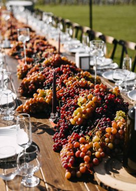Kırsal bir açık hava ziyafet masası. Bir sürü taze üzüm, cam eşyalar ve mumlar. Üzüm bağından esinlenilmiş bir yemek deneyimi yaratıyor..