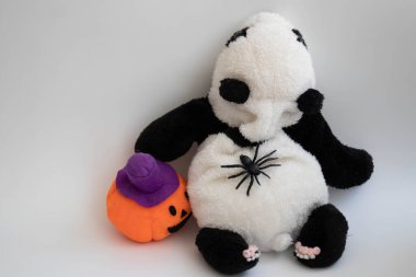 Panda peluş bebeği, turuncu balkabağı, Jack O 'Lantern ve siyah örümcek.