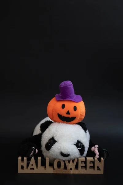 Panda Plush Doll with Orange Pumpkin, Jack O\'Lantern and Halloween Signage