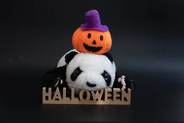 Panda Plush Doll with Orange Pumpkin, Jack O'Lantern and Halloween Signage