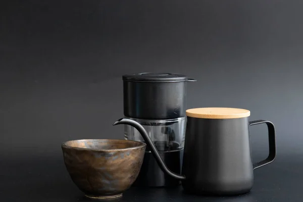 Закрыть Капельного Кофе Чайник Медный Керамический Кофе Чашку — стоковое фото