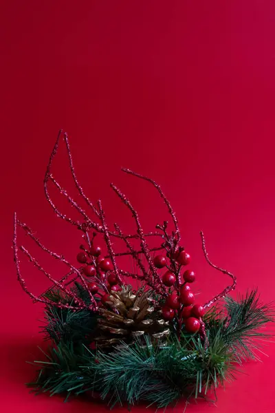 Pine Cone Bagas Vermelhas Red Glitter Twig Green Fir Fundo — Fotografia de Stock