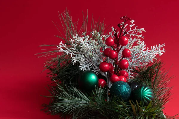 Κόκκινα Μούρα Red Glitter Twig Πράσινα Χριστούγεννα Hanging Balls Silver — Φωτογραφία Αρχείου