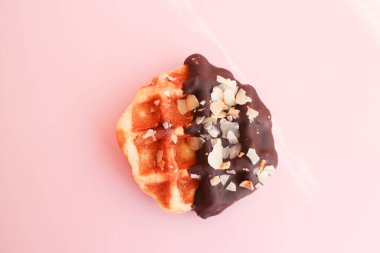 Tasty Waffle for breakfast by the window , Pastel Pink Background