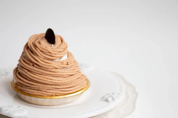 Bolo Delicioso Francês Tradicional Mont Blanc Uma Sobremesa Castanha Adoçada — Fotografia de Stock