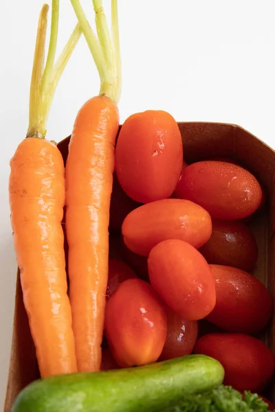 Perejil Zanahorias Bebé Pepinos Bebé Tomates Cherry Verduras Orgánicas Frescas —  Fotos de Stock