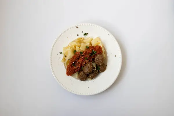 stock image Traditional Italian Dish. Large Pasta , Pappardelle , Tomatoes Sauce with Meat Balls