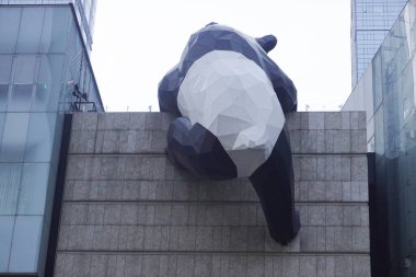 Panda, IFS binasına tırmanıyor. Bu fotoğraf 2023 Nisan 'ında, Chengdu, Çin' de çekildi.,