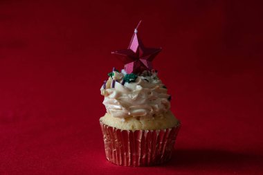 Kırmızı zemin üzerinde kırmızı yıldızlı vanilyalı kek, yeşil köknar ve kırmızı böğürtlenlerle süslenmiş.