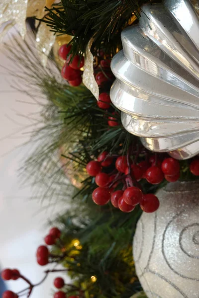 Christmas Baubles, Red Berries, Green Fir, pine cone Glittering hanging balls