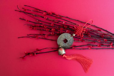 Chinese Feng Shui Coin and Red Pussy Willow Flowers on Red Background