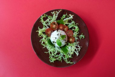 Taze organik sebze salatasını İtalyan peynirli Burrata ile kapatın.