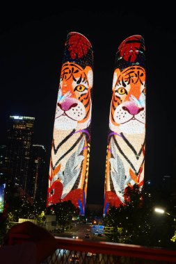 Financial City İkiz Kuleleri 'nde ışıklandırma. Bu fotoğraf Eylül 2024 'te Chengdu, Çin' de çekildi.