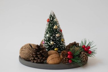 Little Christmas Tree in a tray , bedded with Pine cone , walnut and red berries, white background clipart