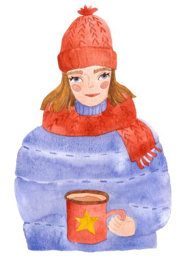 Kışlık kıyafetlerle kahve içen bir kız. Kırmızı bardakta kapuçino içen bir kadın. Kırmızı şapkalı ve eşarplı genç bir kadın. Elinde sıcak mavi bir kazak var. Suluboya çizimi.