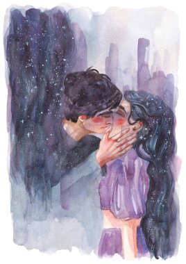 Romantic watercolor illustration where a guy kisses a girl. Couple in love on the abstract background. Happy Valentine's Day.