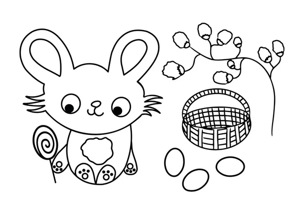 Frohe Ostern Netter Hase Und Korb Mit Eiern Schwarz Weiße — Stockvektor