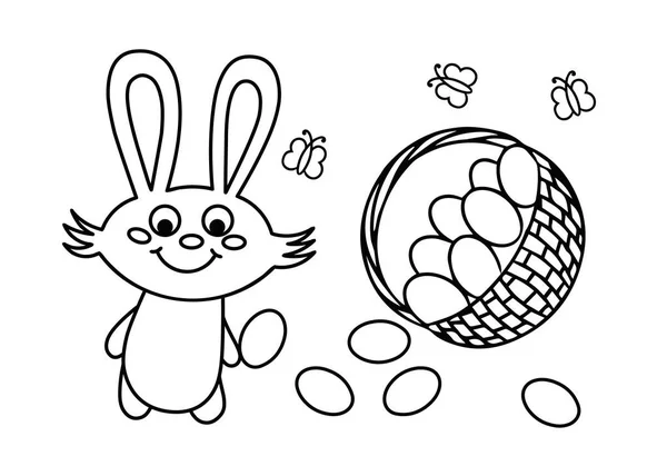 Frohe Ostern Netter Hase Und Korb Mit Eiern Schwarz Weiße — Stockvektor