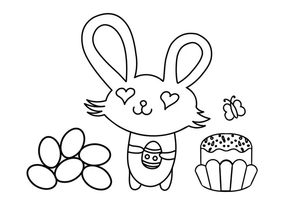 Szczęśliwej Wielkanocy Słodki Króliczek Ciasto Jajkami Czarno Biały Wektor Ilustracja — Wektor stockowy